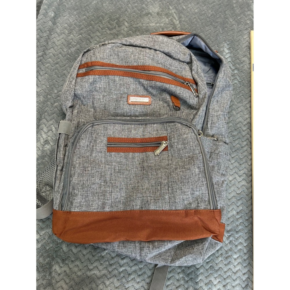 Billiton Mashi Diaper Bag Backpack Grey Heather Brown Trim Multi-Pocket Travel